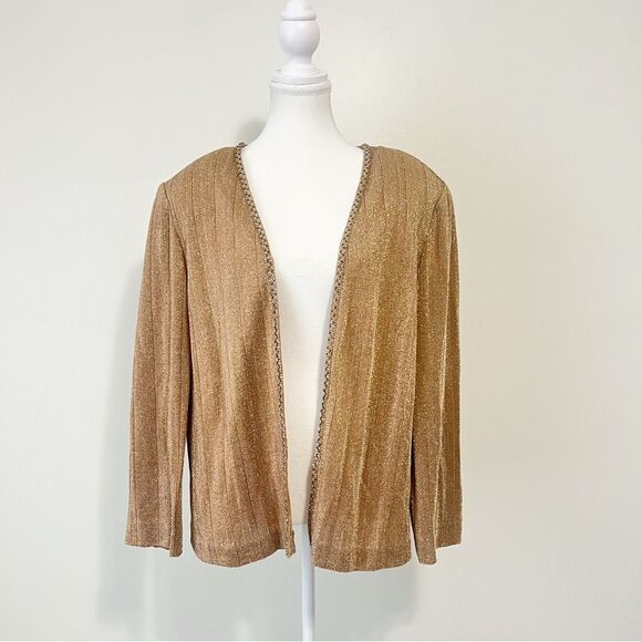 Alex Evenings Gold Shimmer Open Front Cardigan Jacket Plus Size 18 Beaded Trim - Picture 2 of 7